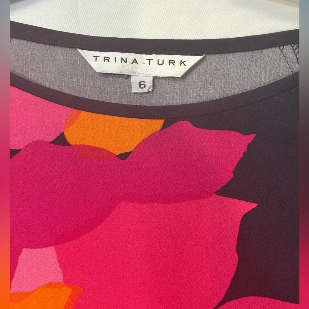Trina Turk Kaftan Tunic Shift Sz 6, Bright Abstract Floral Print, Rayon, Split S - Picture 6 of 12